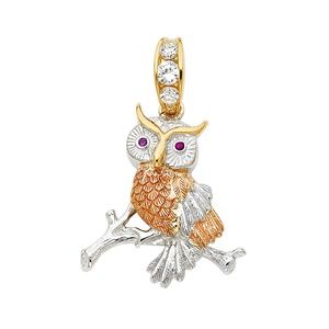 14K Tri Color CZ Owl Pendant